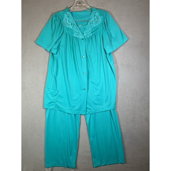 Shadowline Pajama Set Size Medium 36 Teal Green Embroidered 2 Piece Nylon PJs - Picture 1 of 16